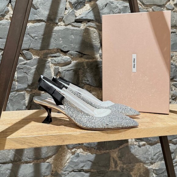 Miu Miu Silver Glitter Slingback Bow Pumps - Picture 1 of 13